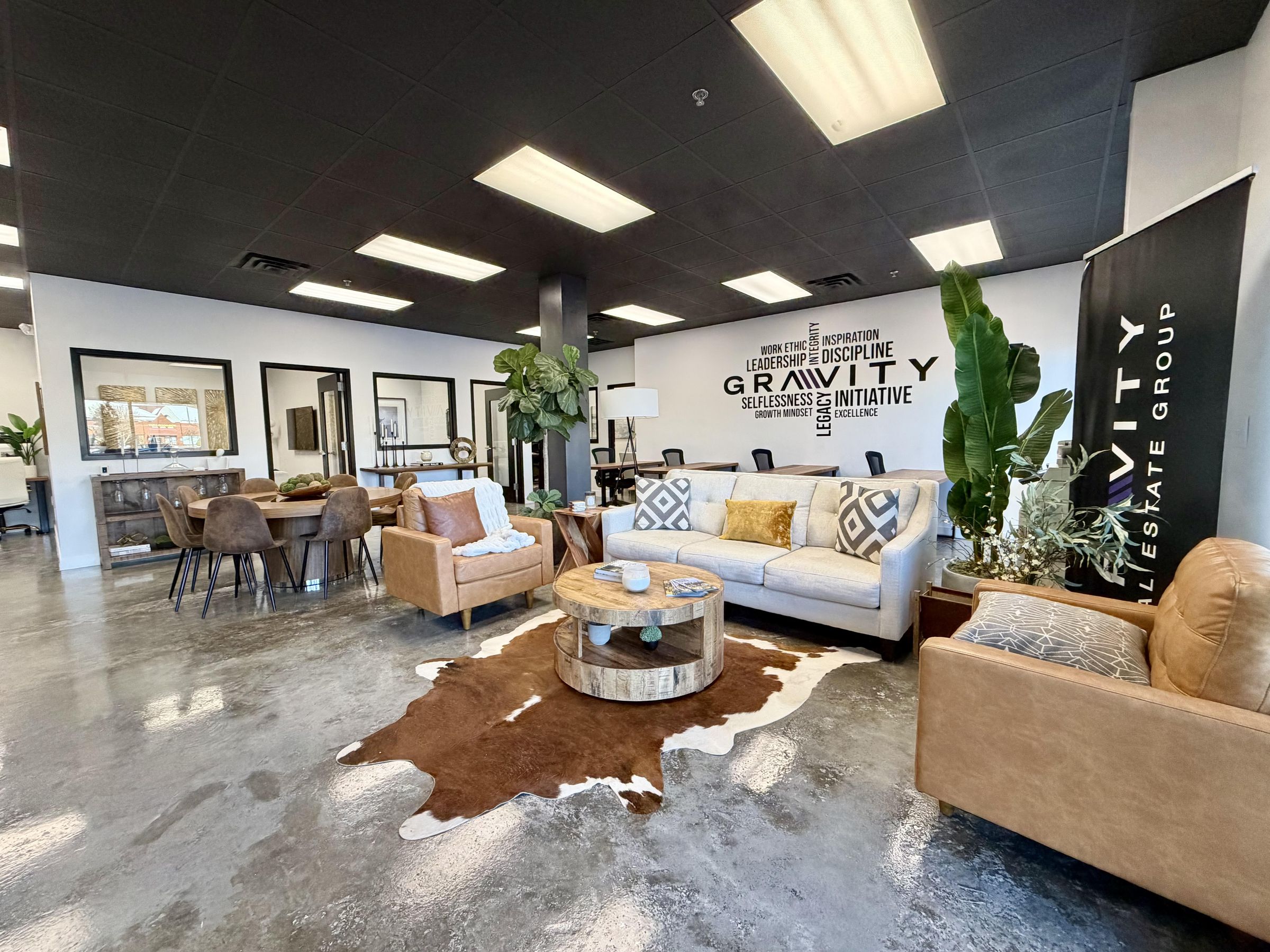 The Gravity office in Blacksburg: a values wall, lounge seating and a meeting area